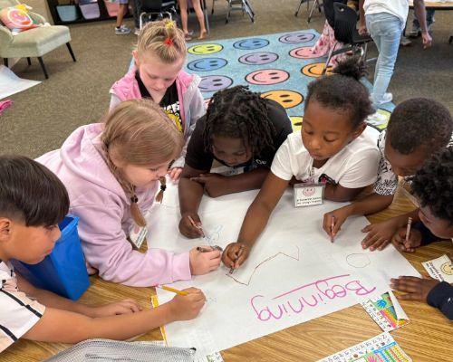  Students working together in a group to retell their ideas